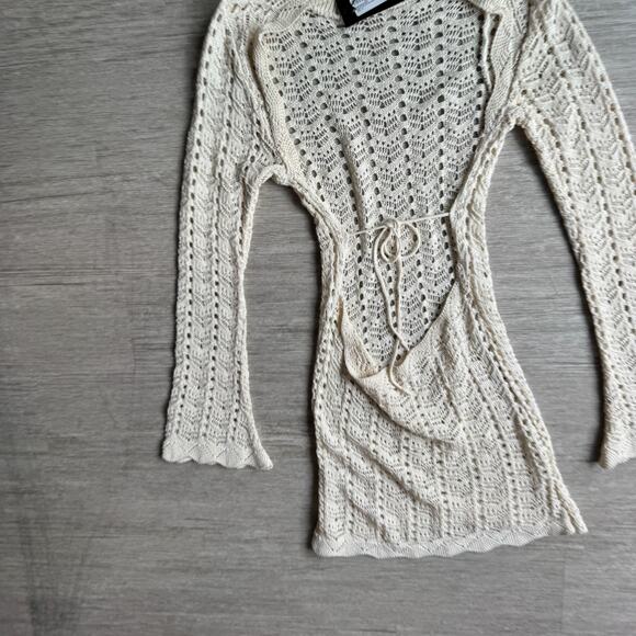 Nasty Gal Crochet Knit Mini Dress NWT US 12 Open Back Cream Long Sleeve Flared - Picture 5 of 8